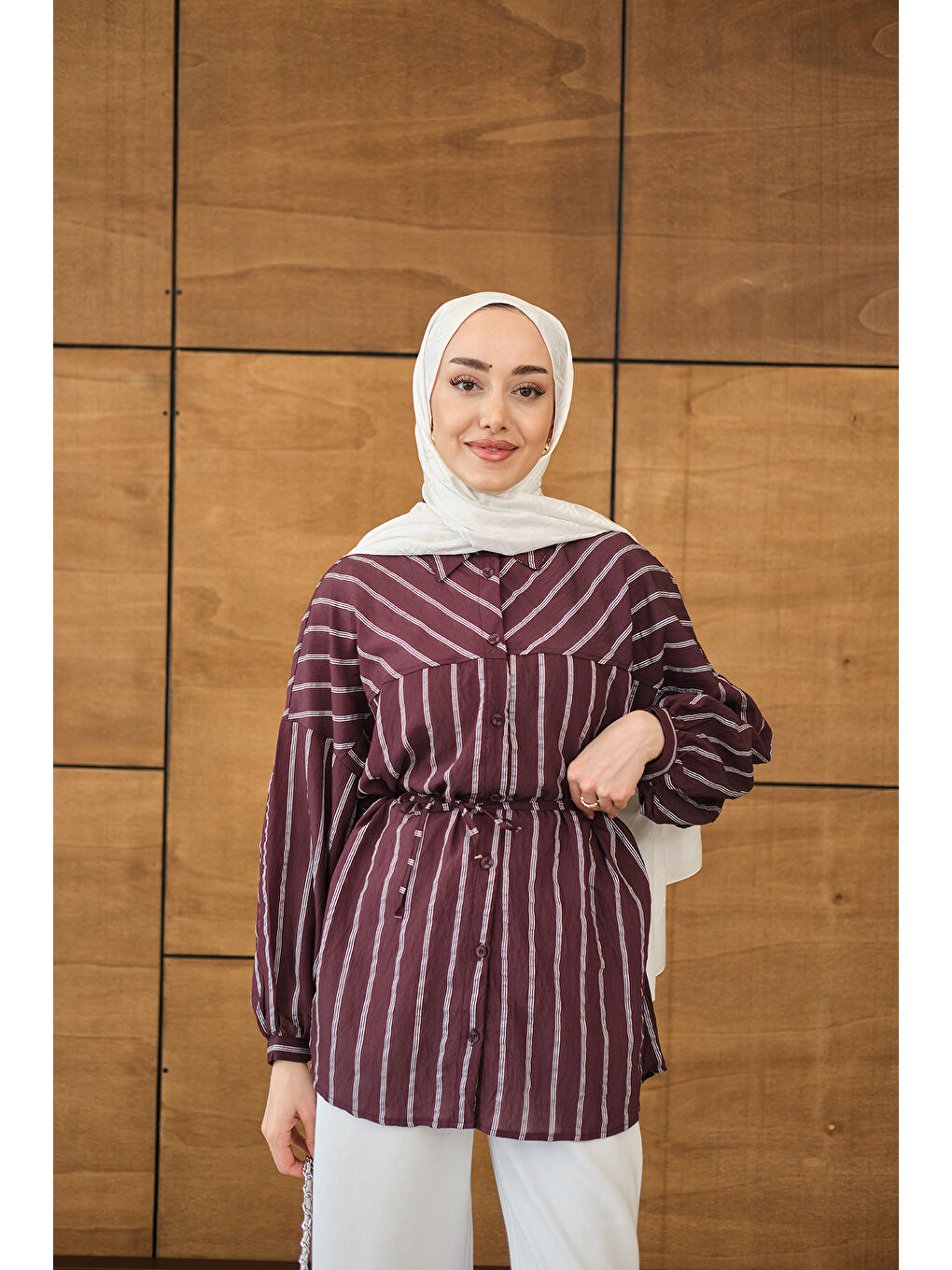 Kadın Çizgi Detaylı Salaş Gömlek Mürdüm-3