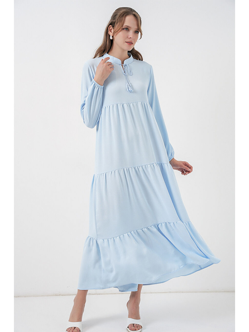 Bej T1627 Yaka Bağcıklı Elbise - B.Mavi-2