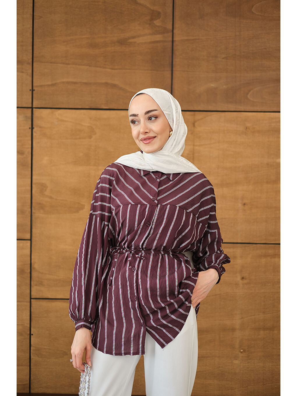 Kadın Çizgi Detaylı Salaş Gömlek Mürdüm-4