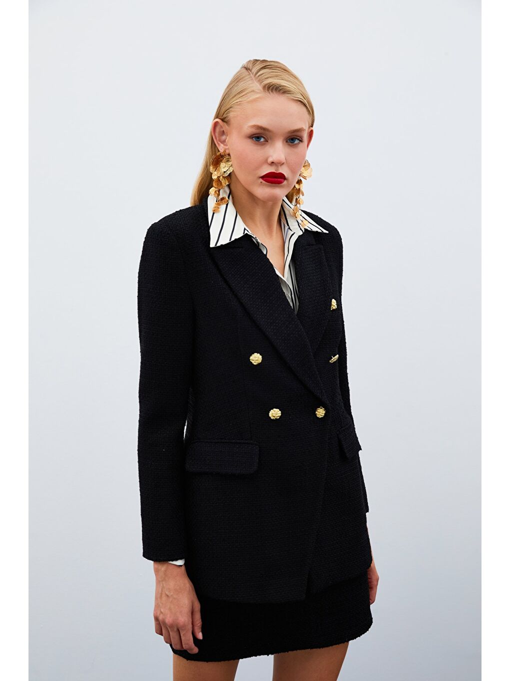 Düğme Detaylı Tüvit Ceket - Siyah-1