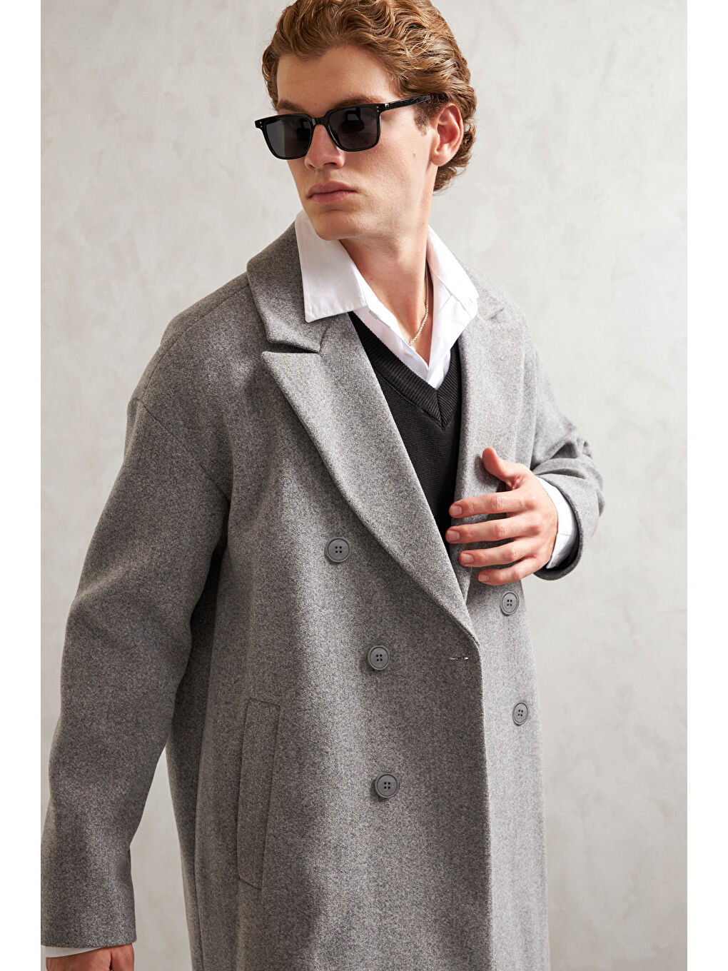 Gri Erkek Oversize Astarlı Uzun Kaşe Kaban-1