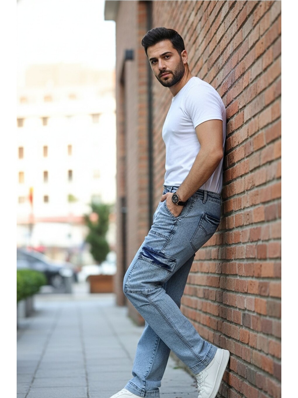Beyaz Yan Cepli Kargo Baggy Pantolon-3