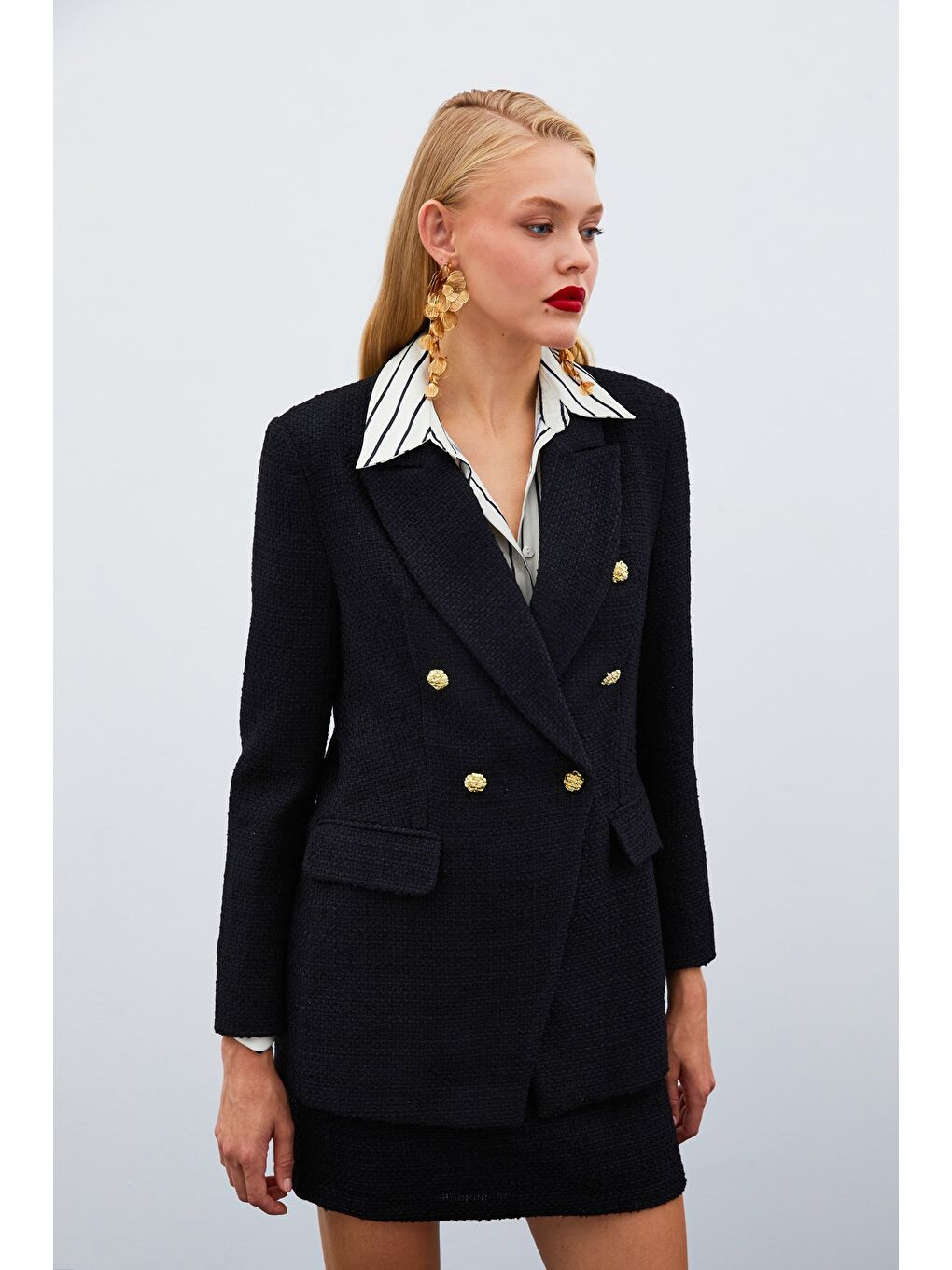 Düğme Detaylı Tüvit Ceket - Siyah-4