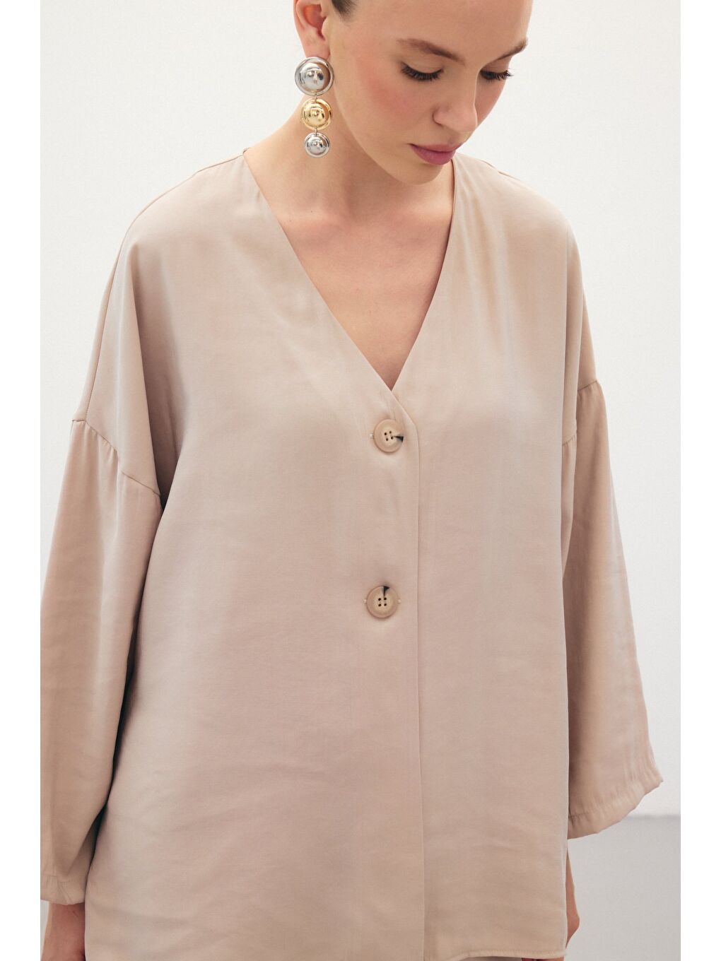 Bej Düğmeli Kimono - Taş-6