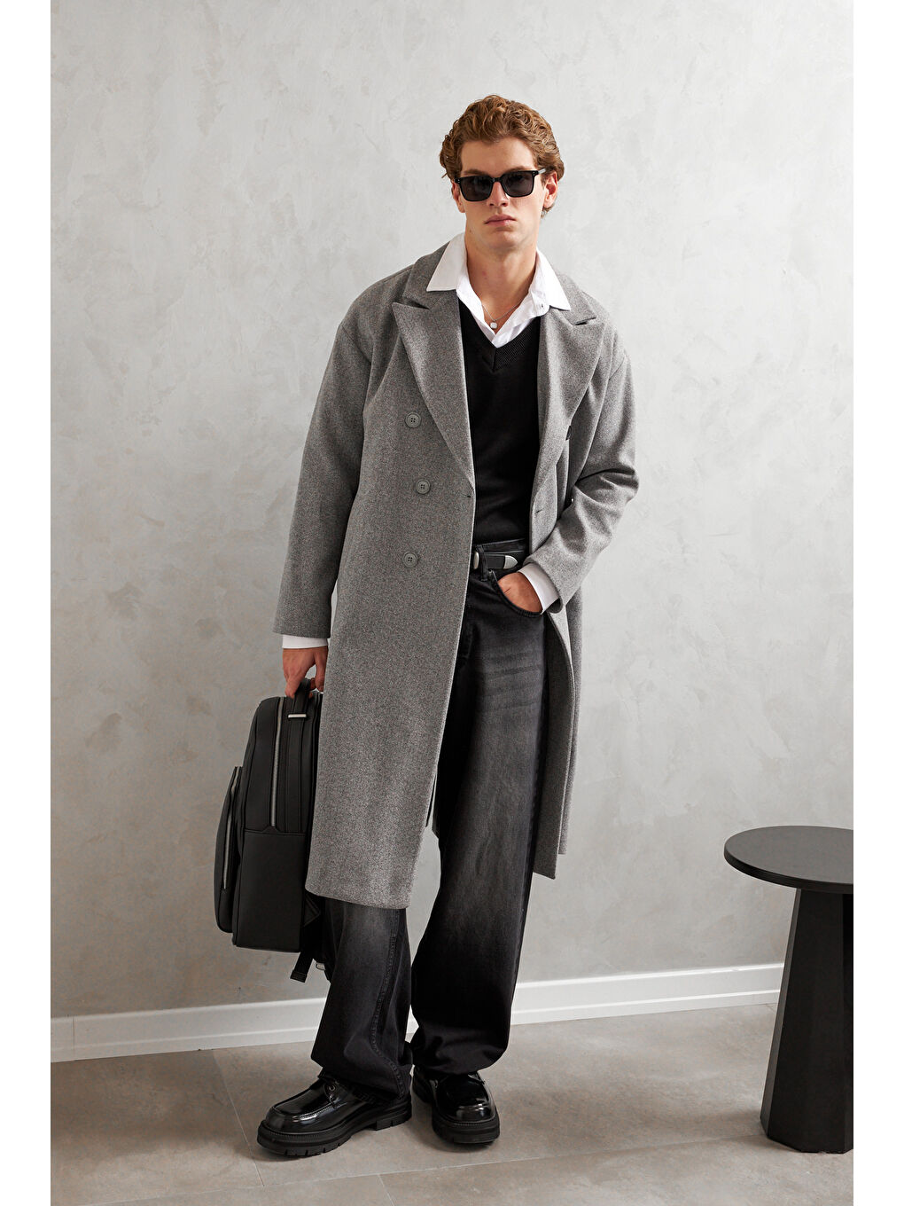 Gri Erkek Oversize Astarlı Uzun Kaşe Kaban-2