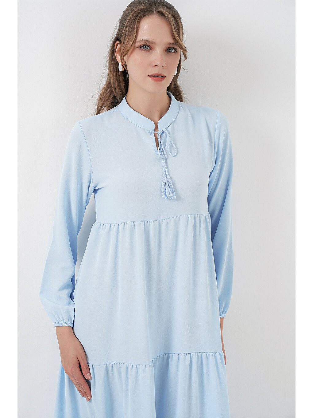 Bej T1627 Yaka Bağcıklı Elbise - B.Mavi-3