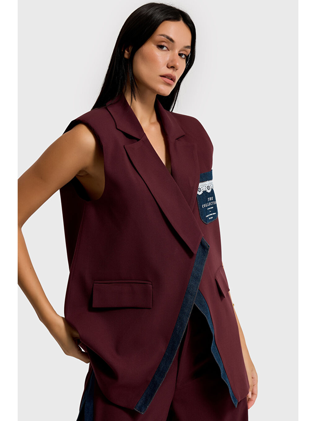 Kadın Bordo Renk Denim Parçalı Uzun Boy Özel Tasarım İçi Astarlı Yelek-3