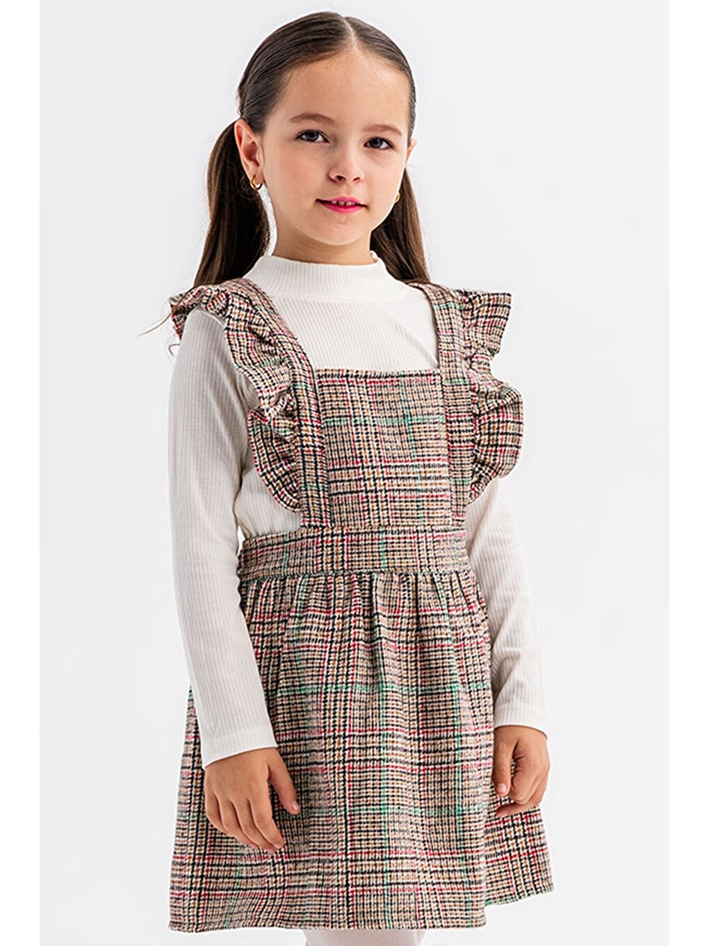 Yeşil Kız Çocuk Ekose Desenli Salopet Takım 22680-1