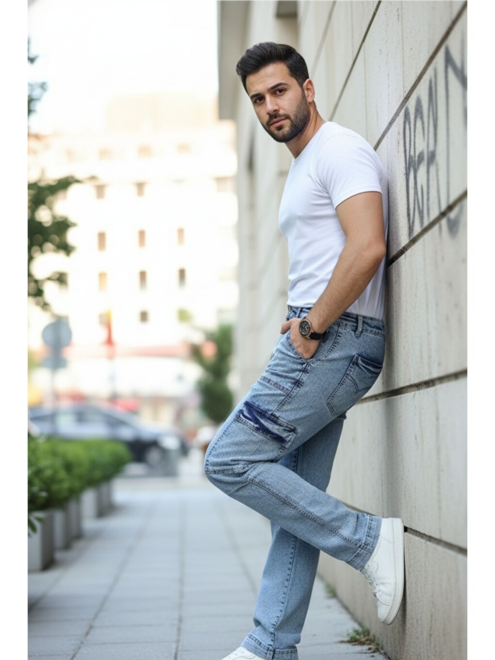 Beyaz Yan Cepli Kargo Baggy Pantolon-4