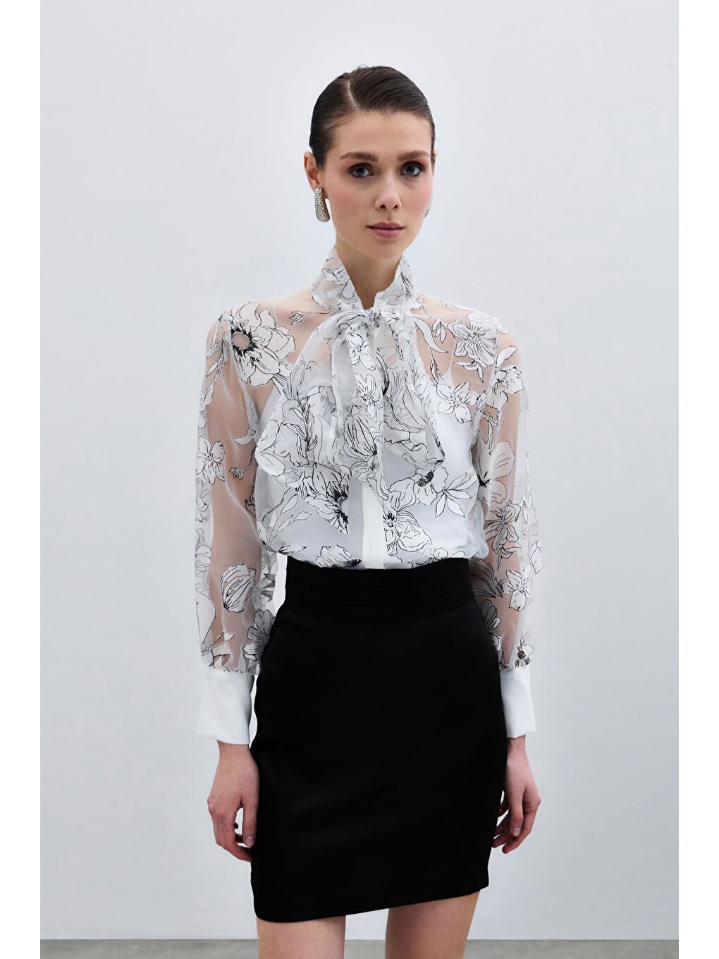 Çiçek Desenli Gömlek - Ekru-3