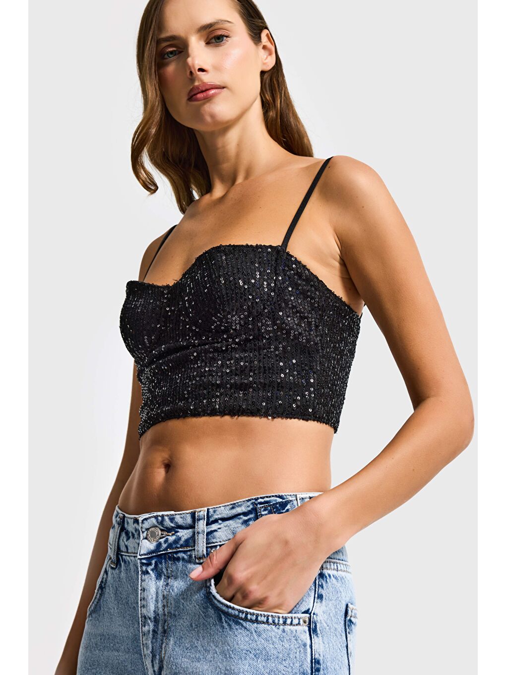 Kadın Siyah Renk Pul Payet Detaylı Askılı Büstiyer-1