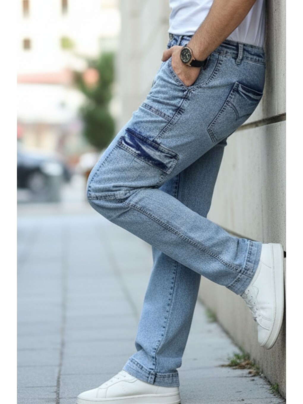 Beyaz Yan Cepli Kargo Baggy Pantolon-5
