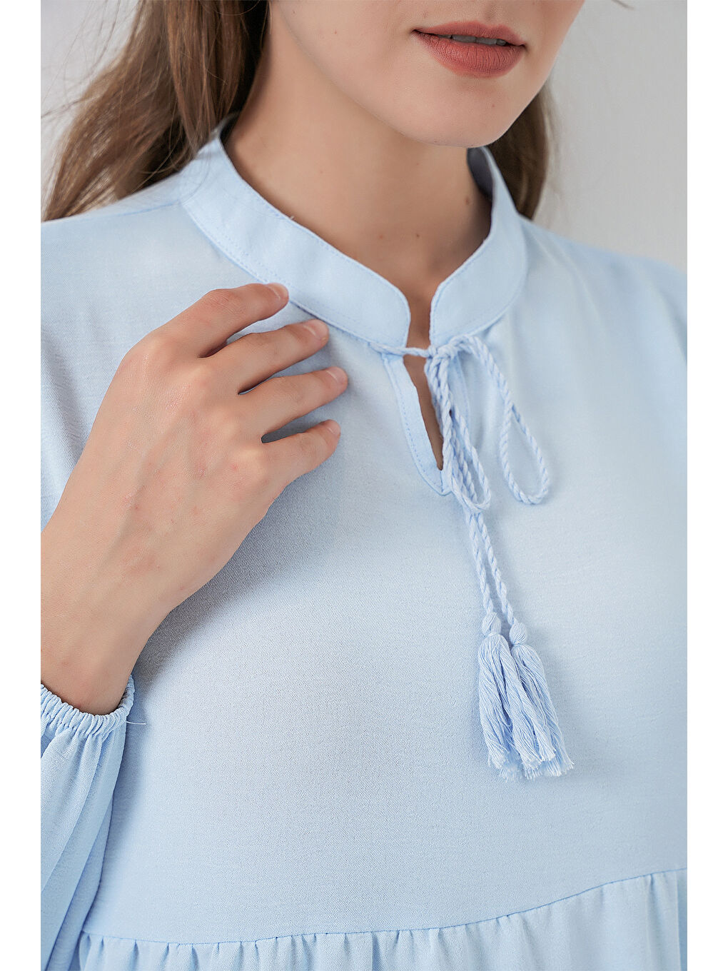 Bej T1627 Yaka Bağcıklı Elbise - B.Mavi-4