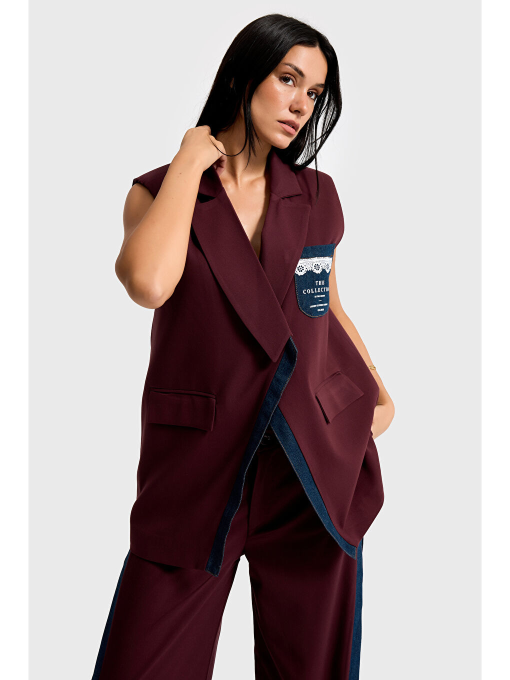 Kadın Bordo Renk Denim Parçalı Uzun Boy Özel Tasarım İçi Astarlı Yelek-4
