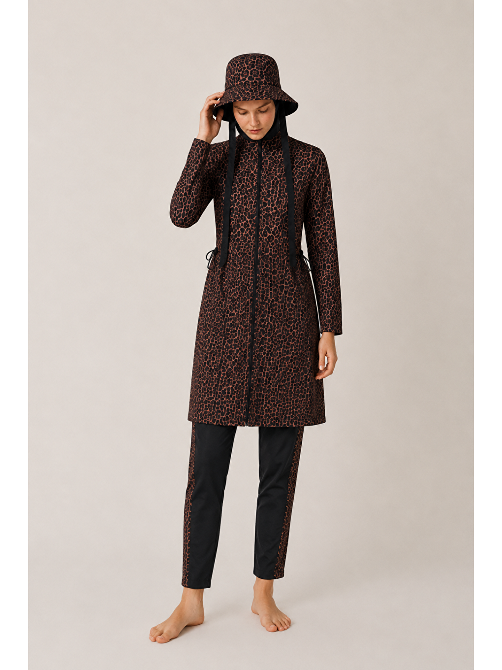 Kahverengi Solara Wild | Leopar Desen Siyah Stoperli Tesettür Mayo 5 Li Set-2