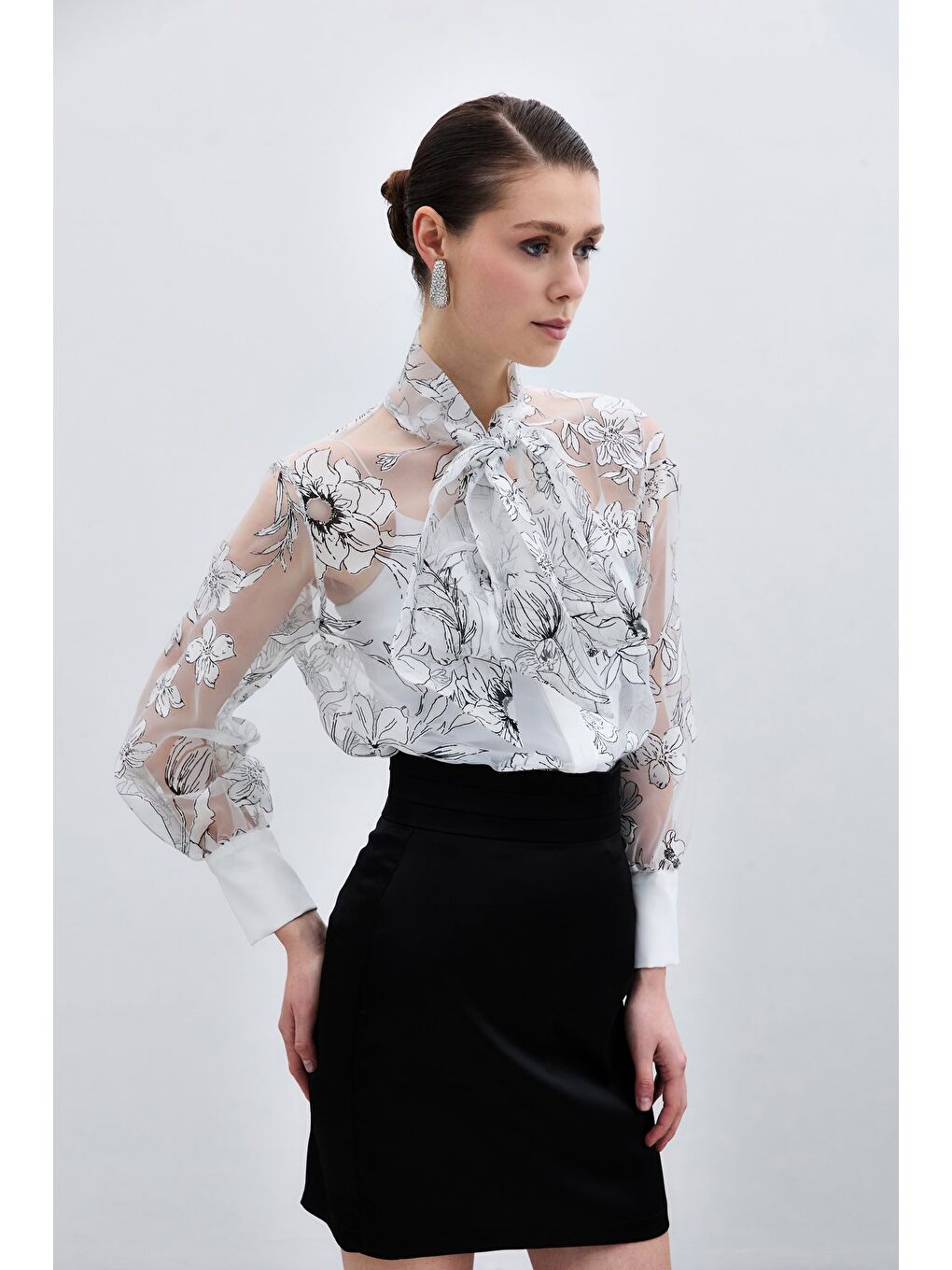 Çiçek Desenli Gömlek - Ekru-5