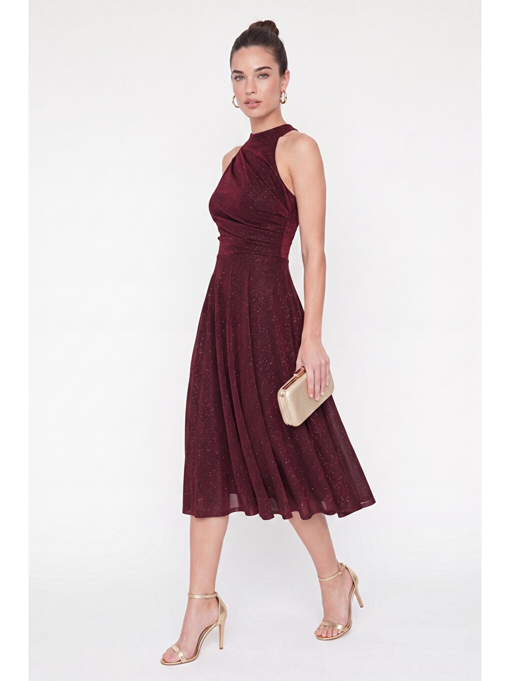 Kadın Bordo Halter Yaka Simli Midi Kloş Abiye Elbise