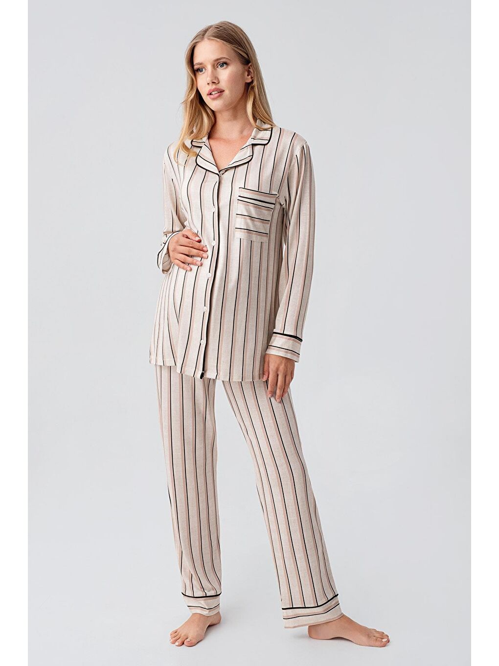 Pembe Uzun Kollu Çizgili Düğmeli Esnek Viskoz Pijama Takım 18220-2