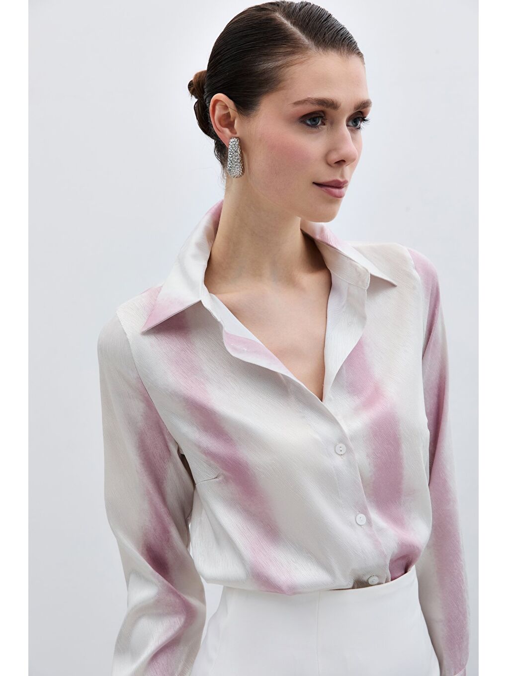 Desenli Klasik Gömlek - Pembe-5