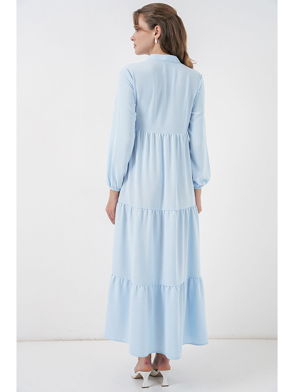 Bej T1627 Yaka Bağcıklı Elbise - B.Mavi-5