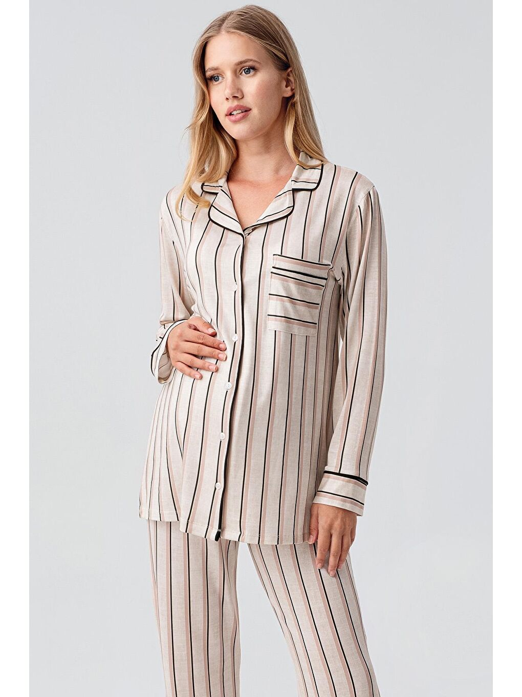 Pembe Uzun Kollu Çizgili Düğmeli Esnek Viskoz Pijama Takım 18220-3