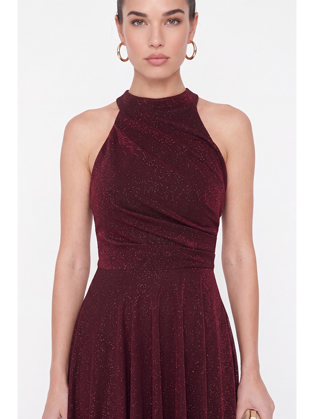 Kadın Bordo Halter Yaka Simli Midi Kloş Abiye Elbise-2