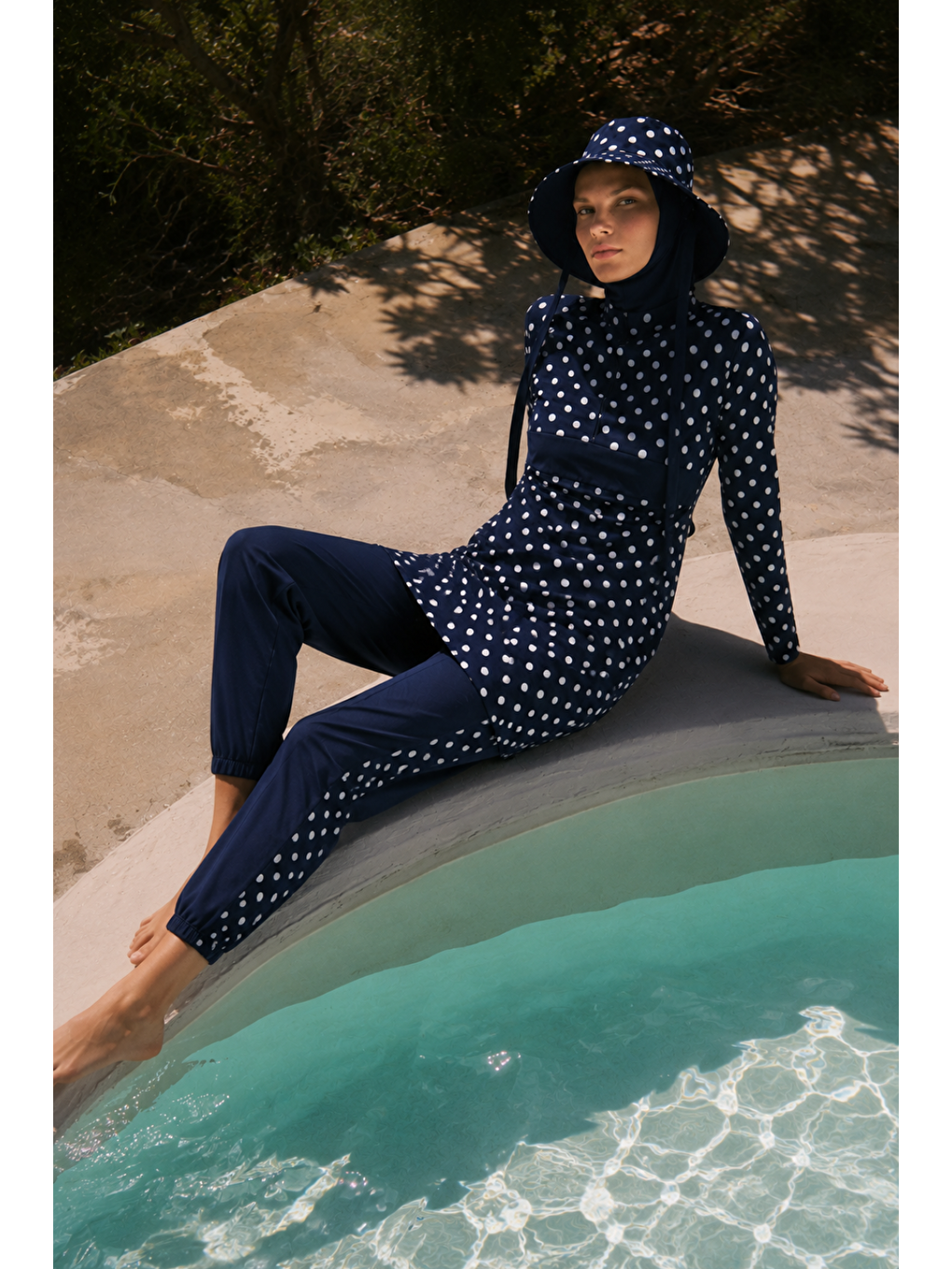 Pearl Dot | Beyaz Puantiyeli Lacivert Tesettür Mayo 5 Li Set-1