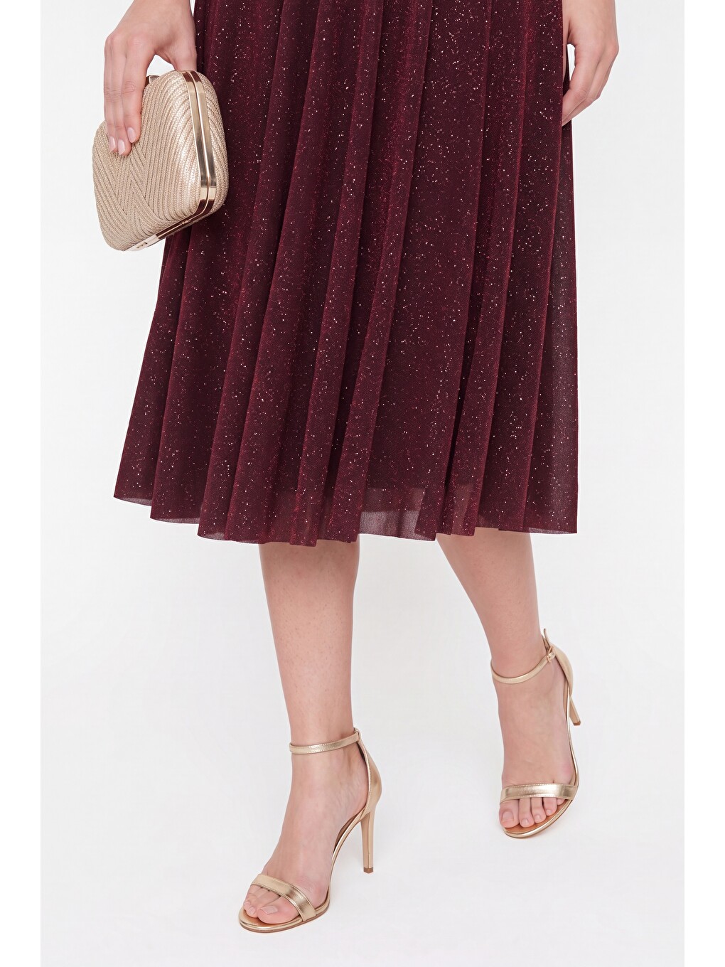 Kadın Bordo Halter Yaka Simli Midi Kloş Abiye Elbise-3