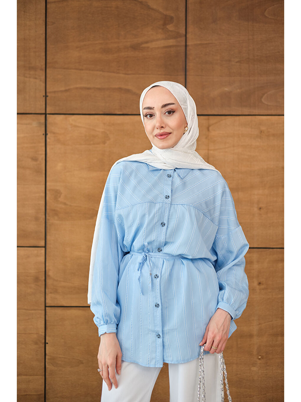 Kadın Çizgi Detaylı Salaş Gömlek Bebe Mavi-1