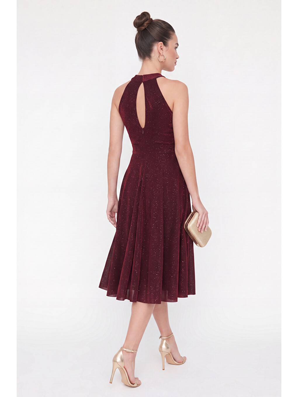 Kadın Bordo Halter Yaka Simli Midi Kloş Abiye Elbise-4