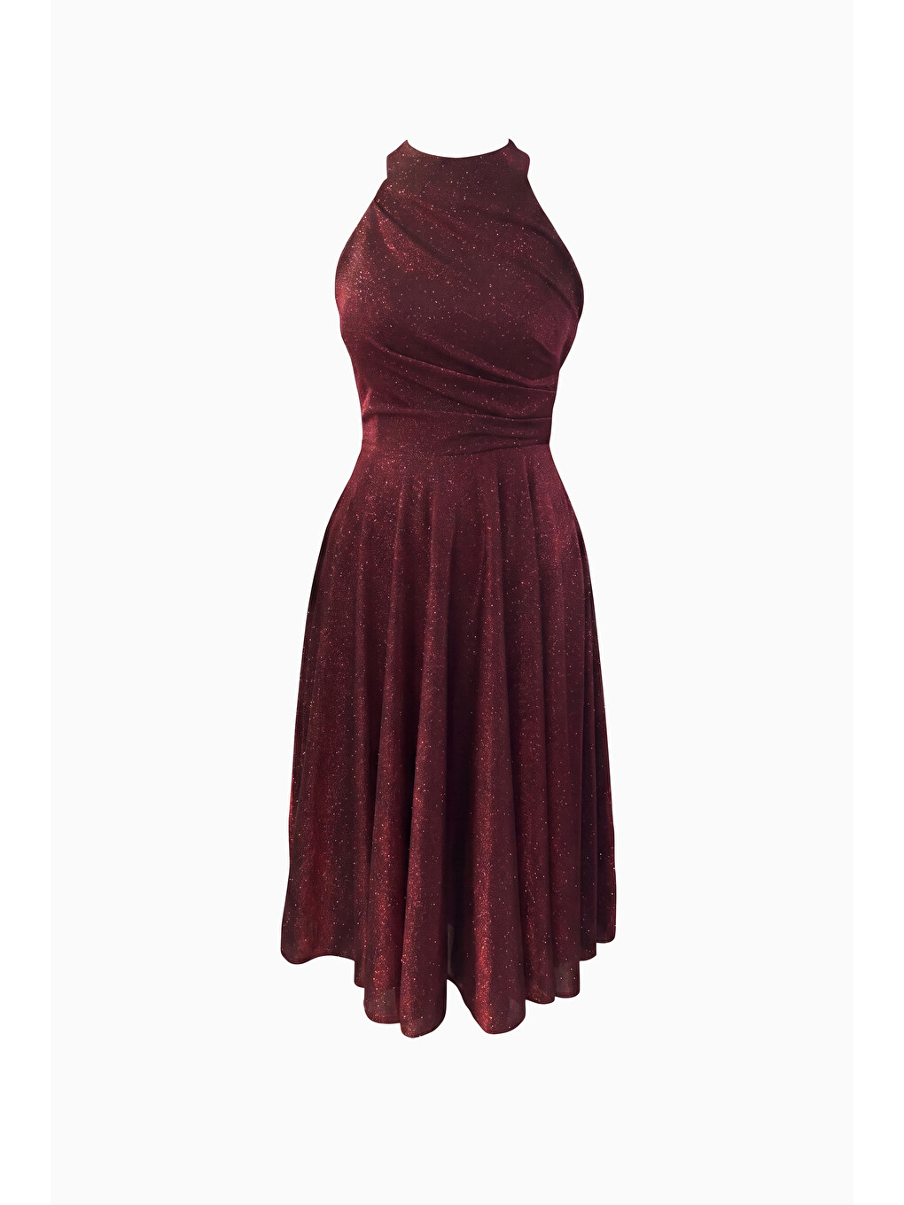 Kadın Bordo Halter Yaka Simli Midi Kloş Abiye Elbise-5