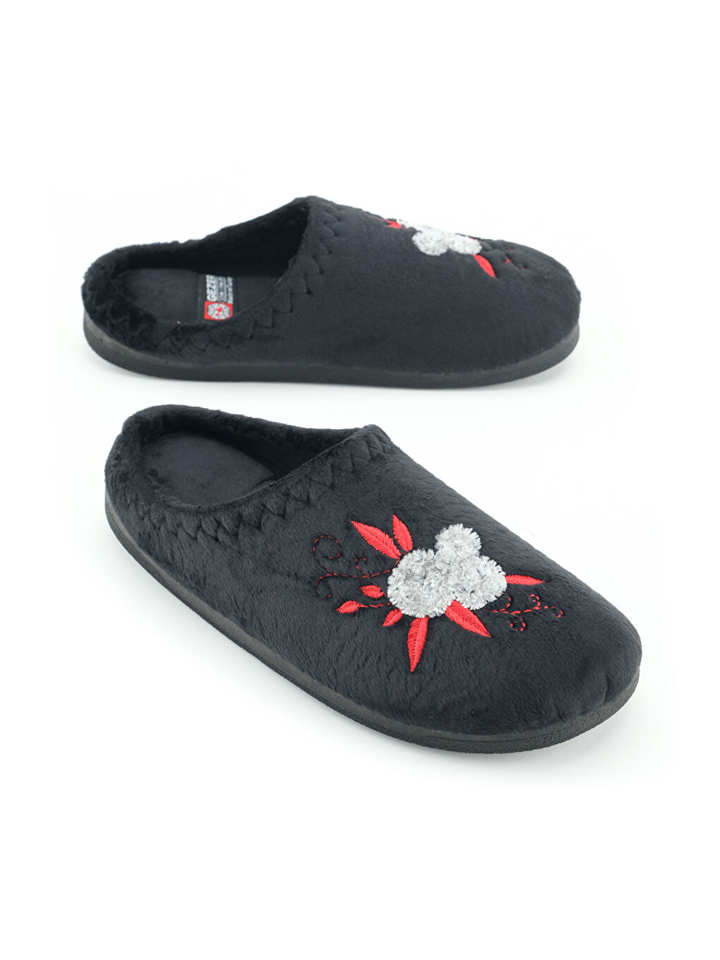 Siyah Kadın Kışlık PU Rahat Taban Nakışlı Tasarım Ev Bahçe Terlik