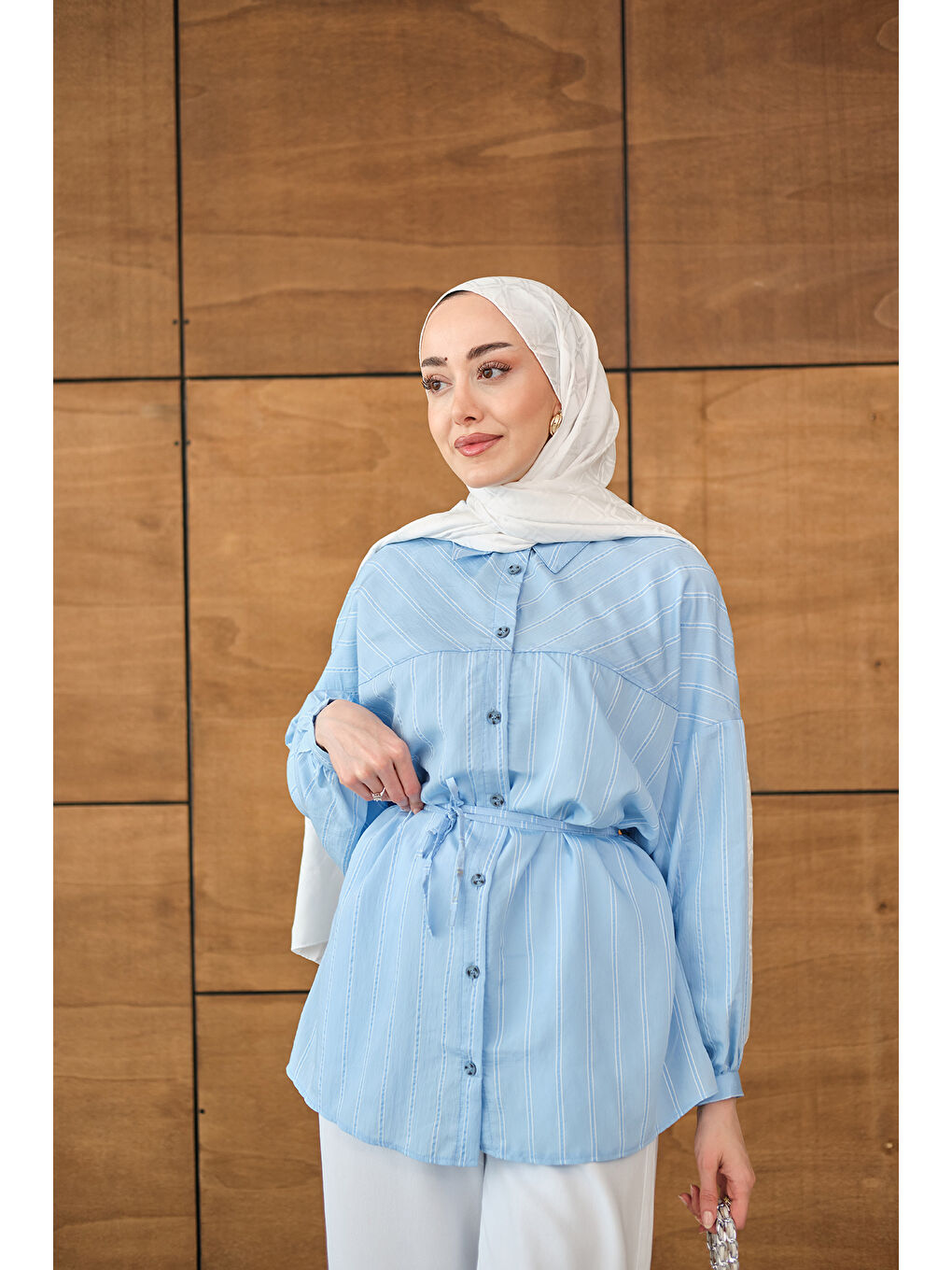 Kadın Çizgi Detaylı Salaş Gömlek Bebe Mavi-2