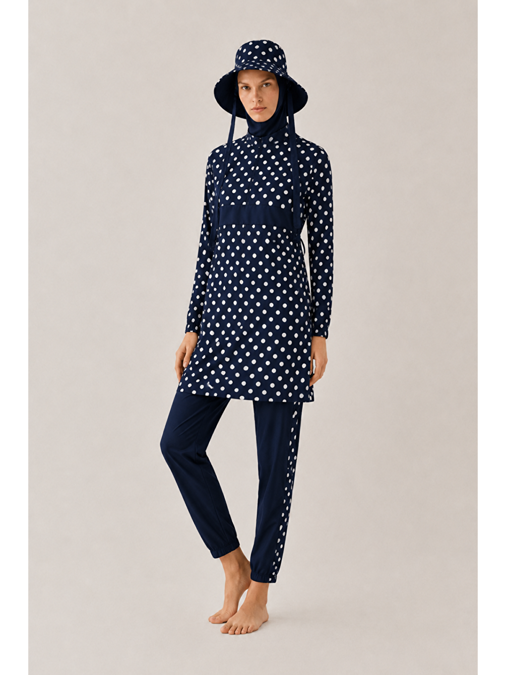 Pearl Dot | Beyaz Puantiyeli Lacivert Tesettür Mayo 5 Li Set-3