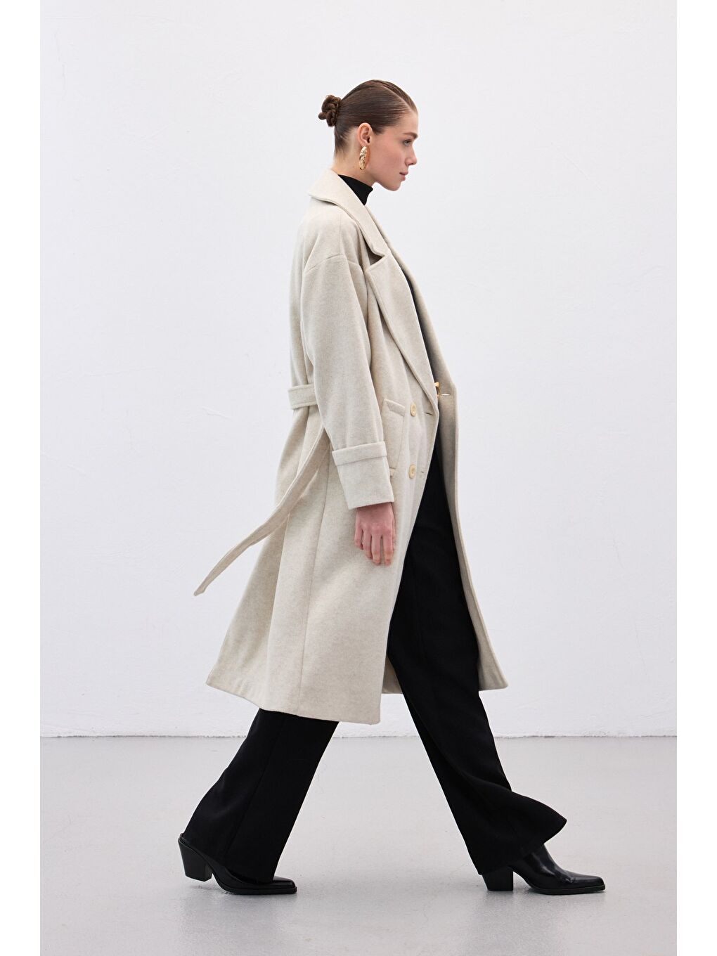 Bej Beli Bağlamalı Uzun Kaban - Taş-1