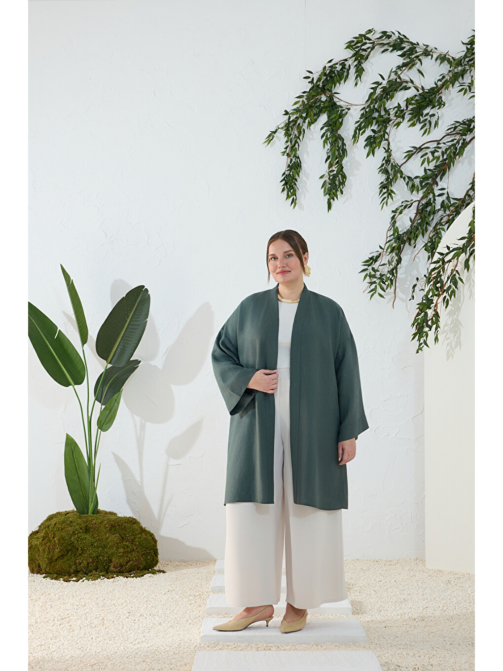 Yeşil Zümrüt Dökümlü Keten Kimono
