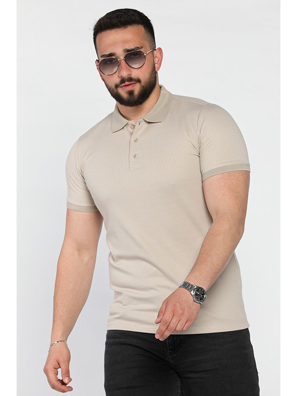 Bej Erkek Polo Yaka Yarım Düğmeli Tişört