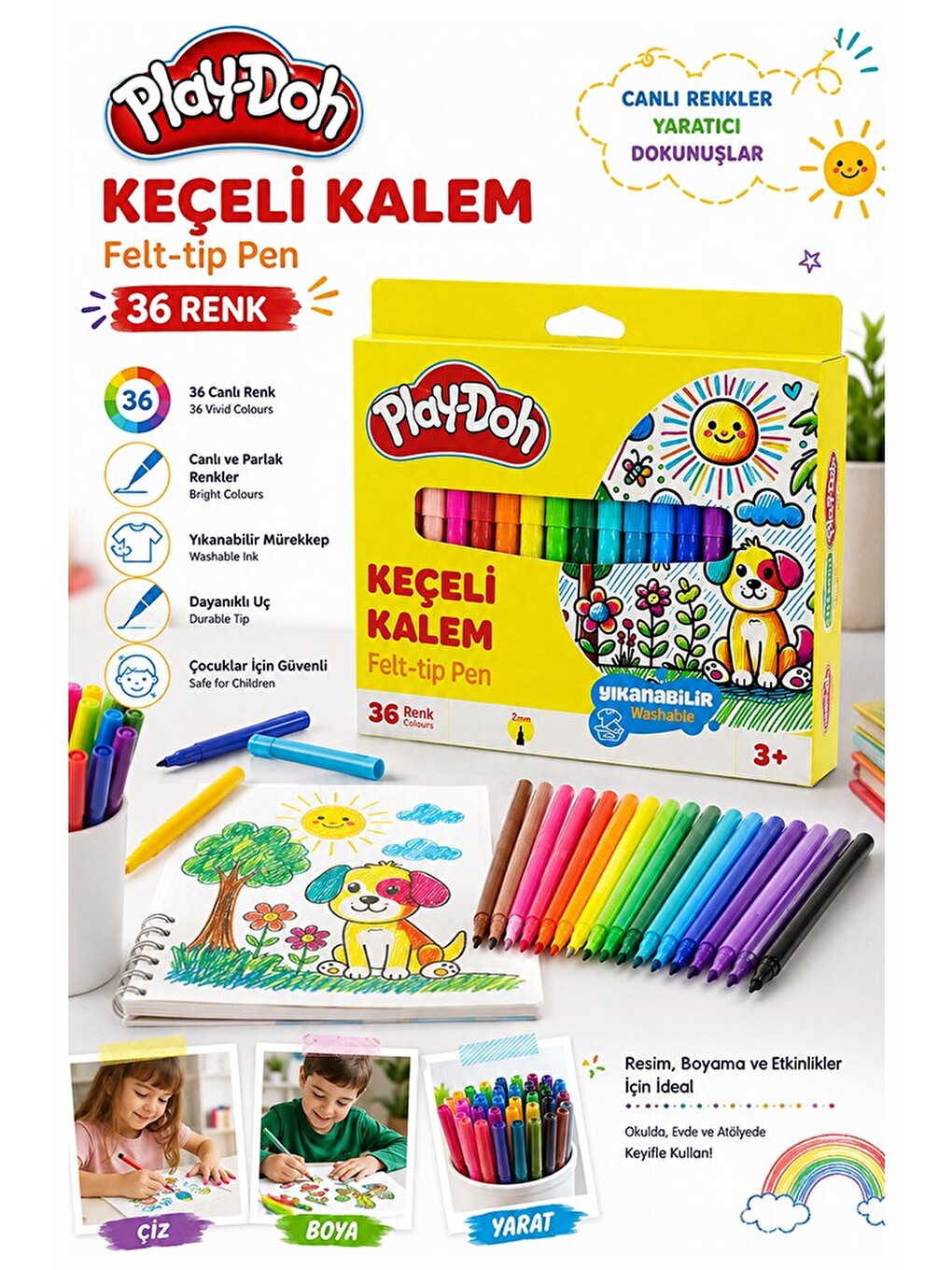 Keçeli Kalem 36 Renk 1 Paket 36 Lı Keçeli Kalem Canlı Renkler Yıkanabilir Kaliteli Öğrenci