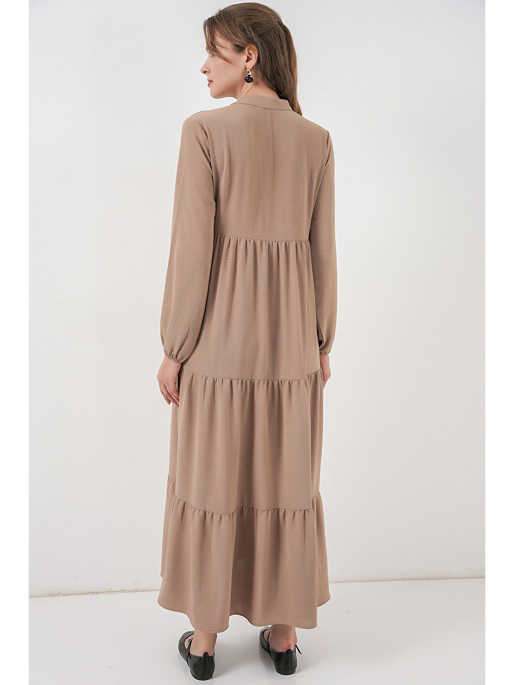 T1627 Yaka Bağcıklı Elbise - Y.Bej-5