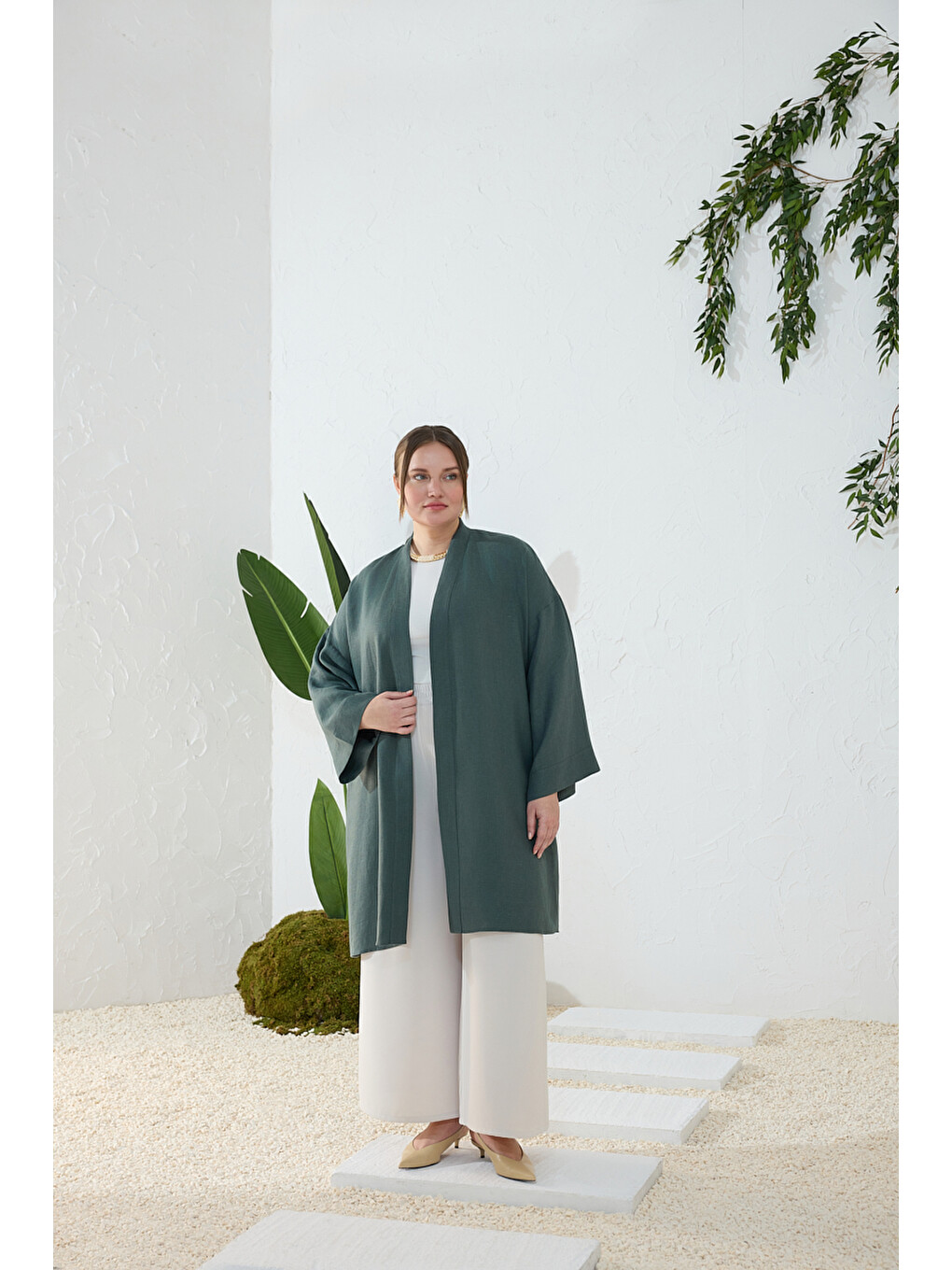 Yeşil Zümrüt Dökümlü Keten Kimono-1