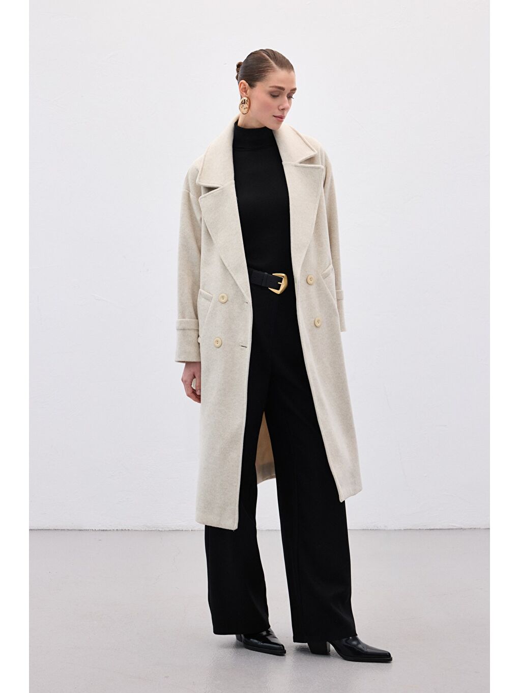 Bej Beli Bağlamalı Uzun Kaban - Taş-2