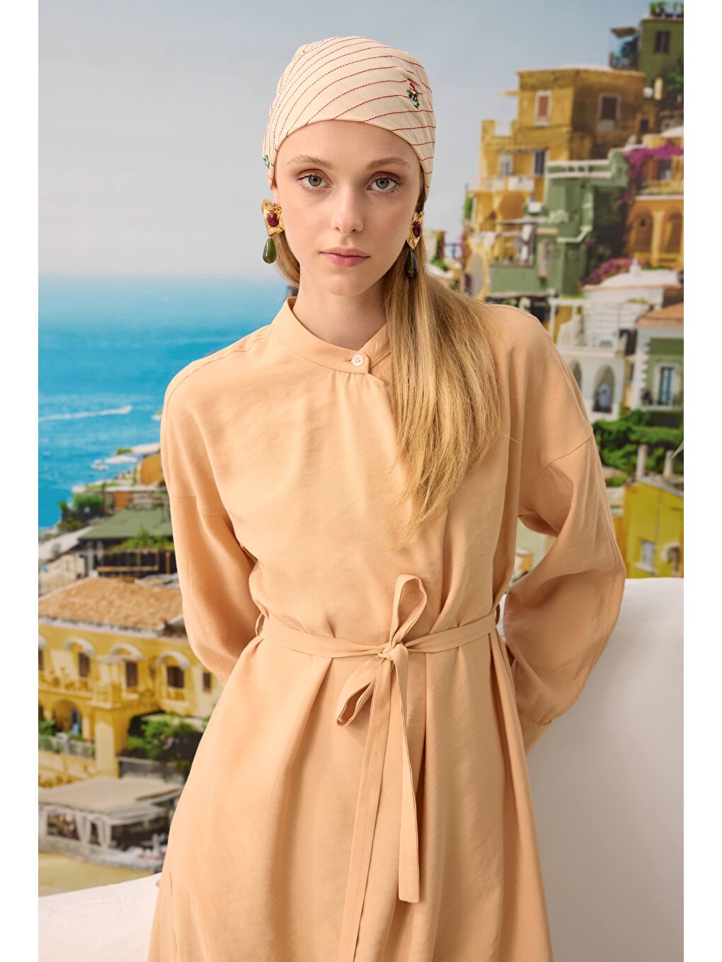 Pembe Yakası Geniş Pile Detaylı Tunik Açık Somon-1