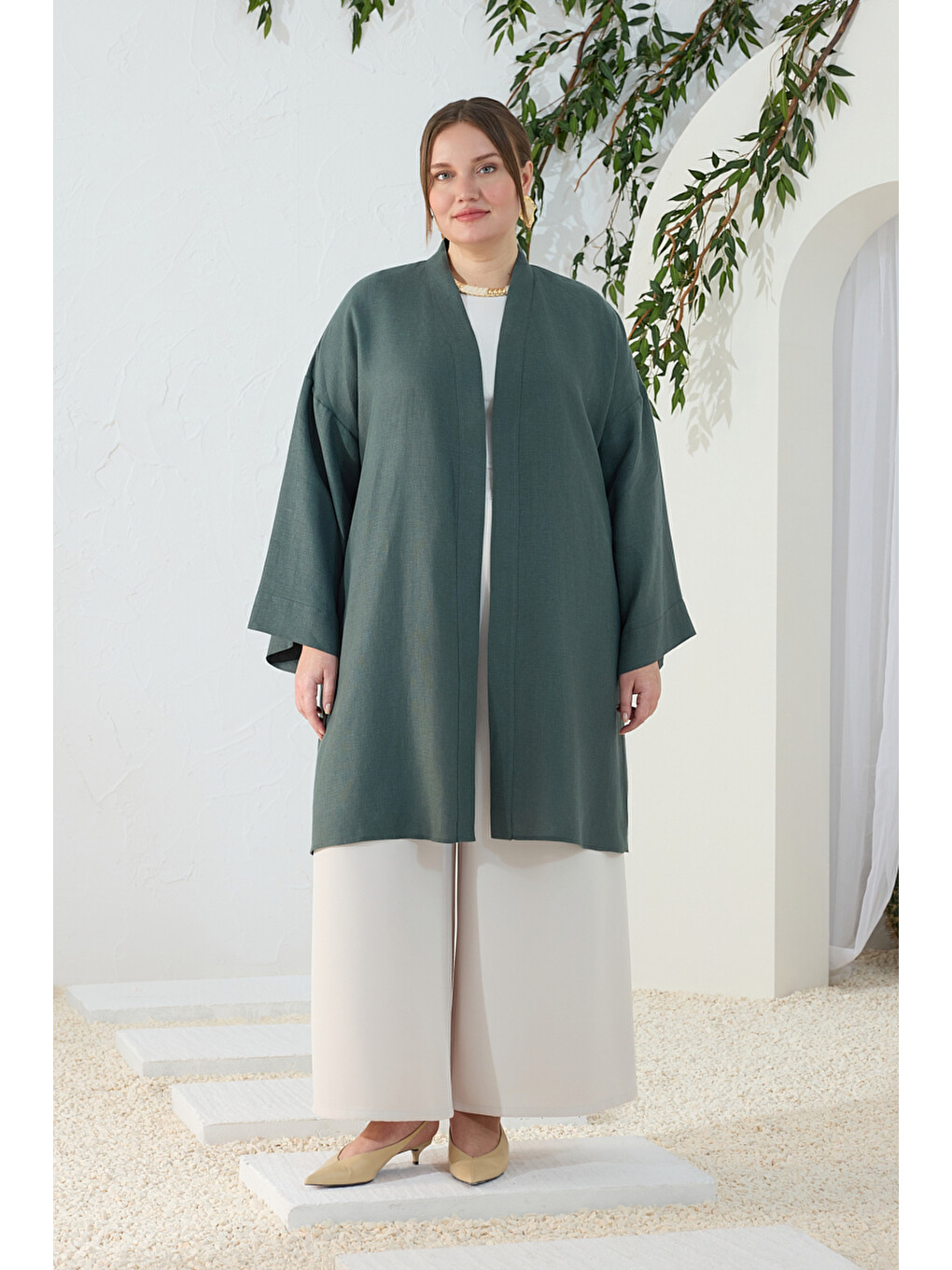 Yeşil Zümrüt Dökümlü Keten Kimono-2