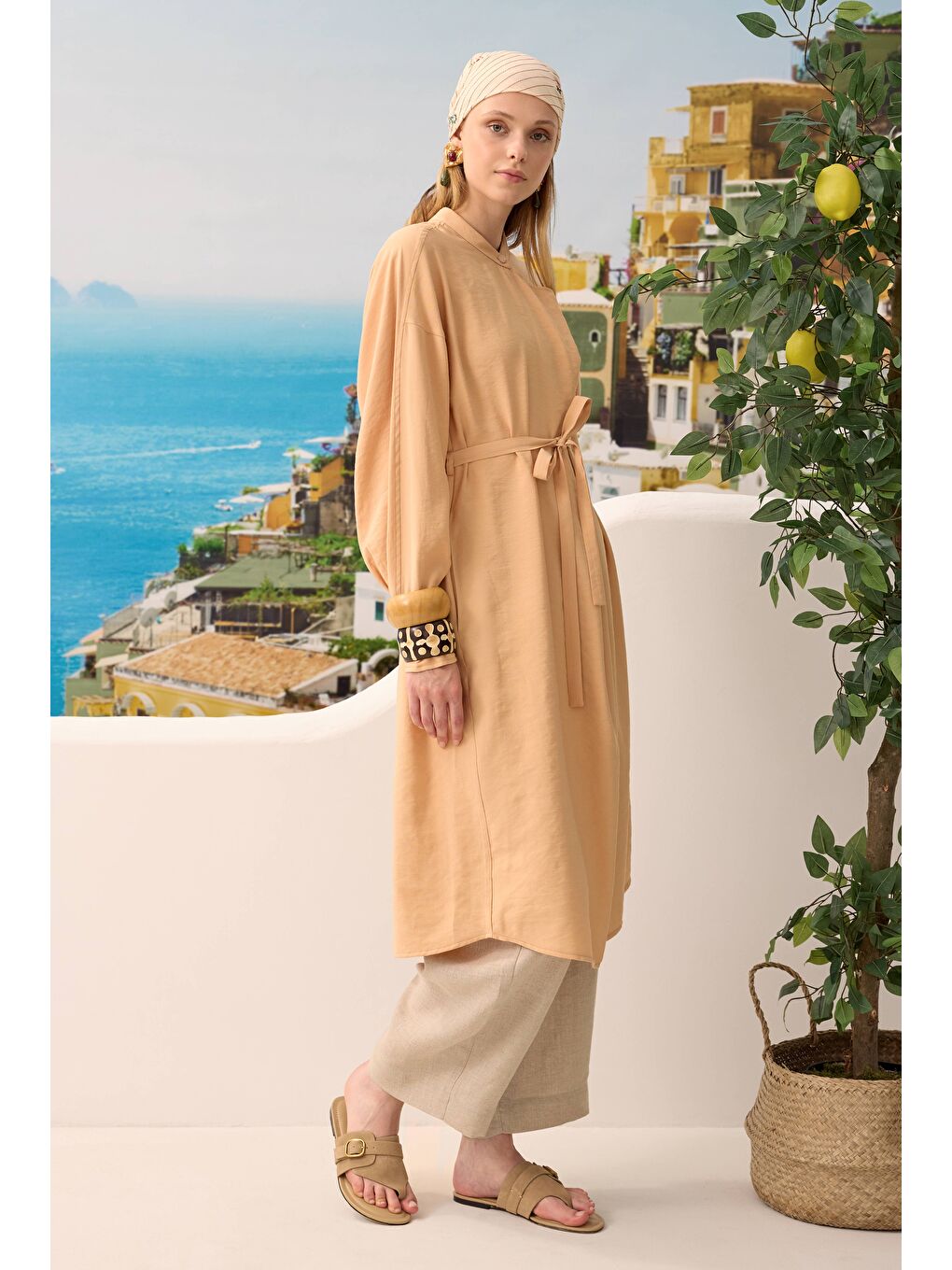 Pembe Yakası Geniş Pile Detaylı Tunik Açık Somon-2