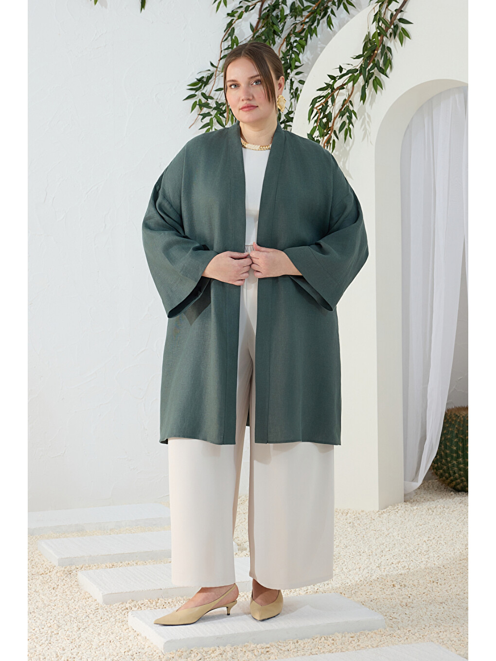Yeşil Zümrüt Dökümlü Keten Kimono-3