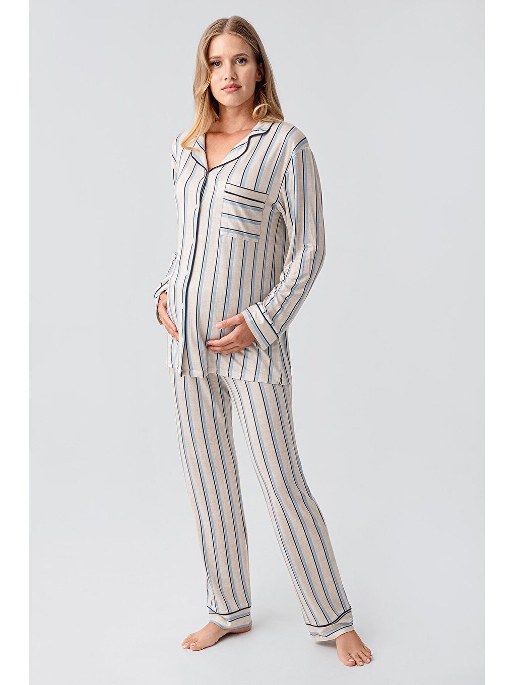 Mavi Uzun Kollu Çizgili Düğmeli Esnek Viskoz Pijama Takım 18220-2