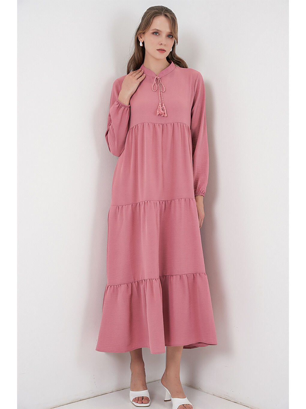 Pembe T1627 Yaka Bağcıklı Elbise - Gül Kurusu-2