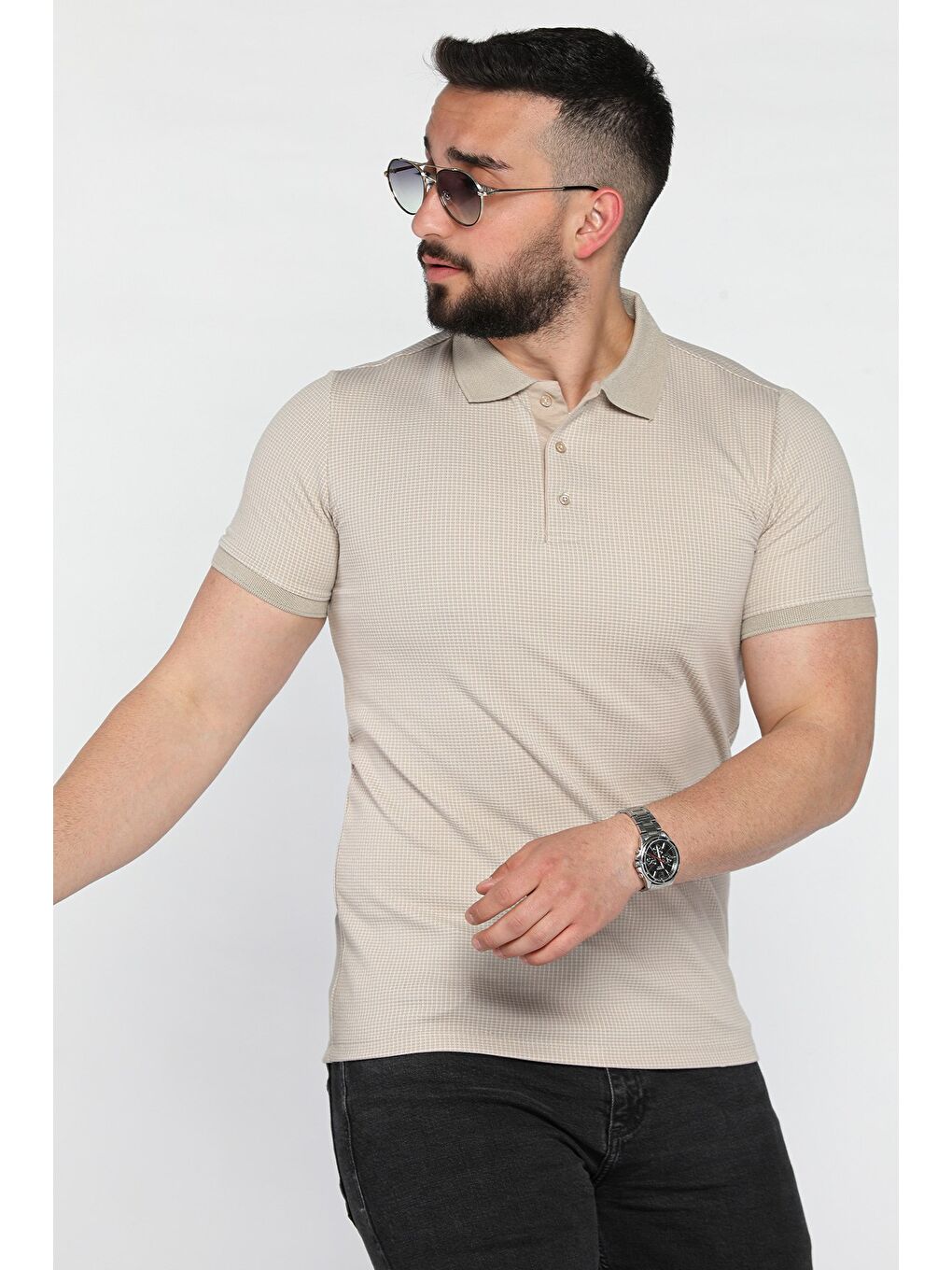 Bej Erkek Polo Yaka Yarım Düğmeli Tişört-1