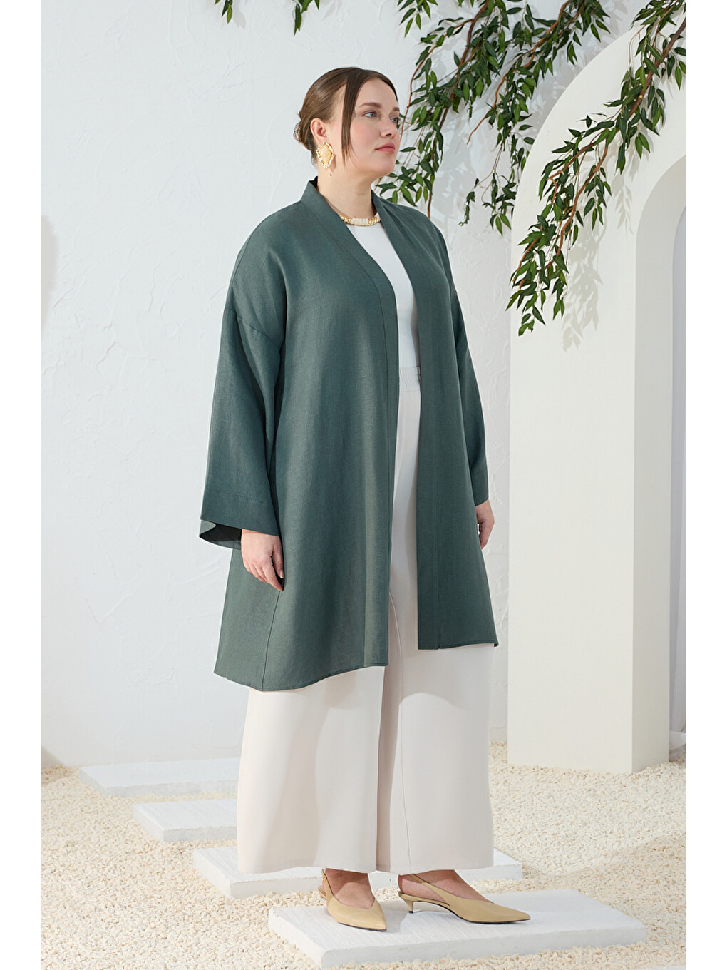 Yeşil Zümrüt Dökümlü Keten Kimono-4