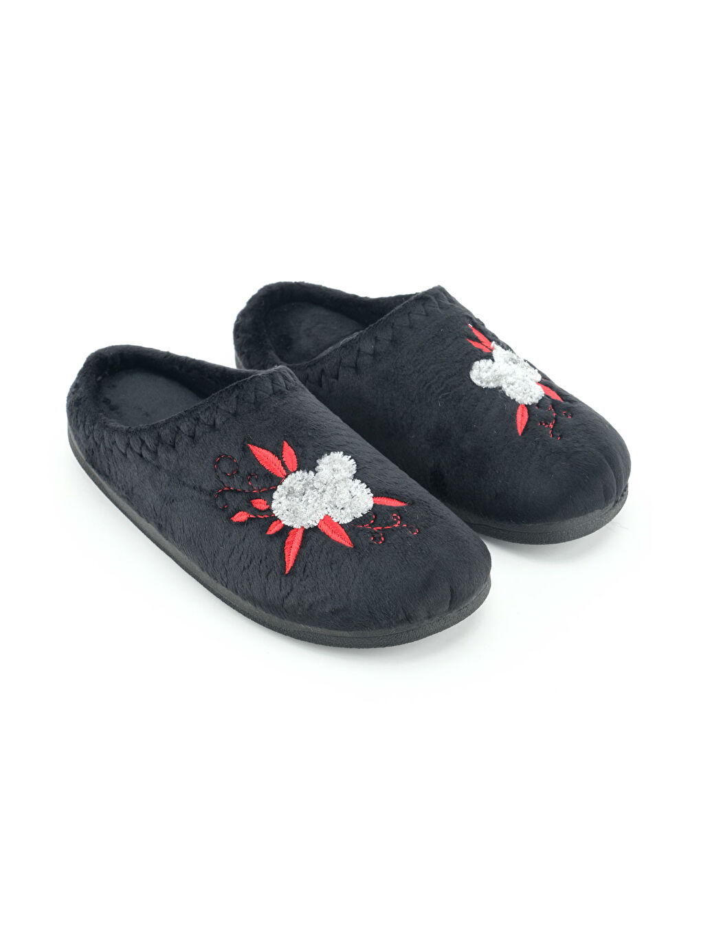 Siyah Kadın Kışlık PU Rahat Taban Nakışlı Tasarım Ev Bahçe Terlik-2